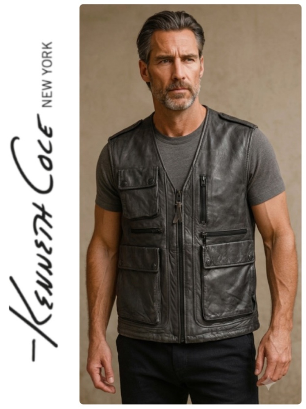 NEW!  Kenneth Cole Mr. Moto men’s Genuine Leather Vest in ‘cave’